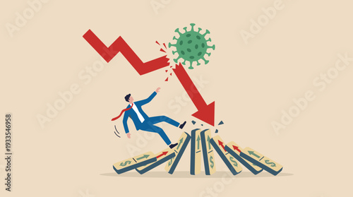 Businessman Falling Down with a Red Stock Market Graph Arrow Crashing and Breaking from a Coronavirus Attack, Concept of Global Economic Disruption, Financial Crisis, and Domino Effect Impact.