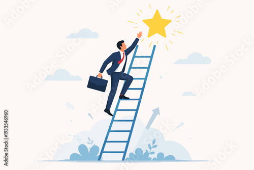 Businessman in a suit climbing a career ladder to reach a shining gold star, representing success, ambition, professional growth, motivation, and achieving high goals in business vector art.