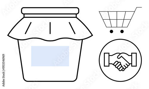 E-commerce concept. E-commerce with a jam jar, shopping cart, and handshake trade, partnership, and digital shopping. Perfect for online retail, business growth, shopping apps customer relations