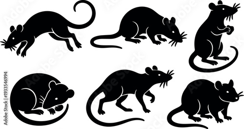 Silhouette rodent icon set six black rat poses in flat vector style for pest control and wildlife design branding