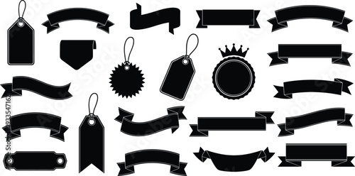 Large collection of black vector silhouettes including various ribbon banners, price tags, product labels, and decorative badges for retail marketing, sales promotions and branding.