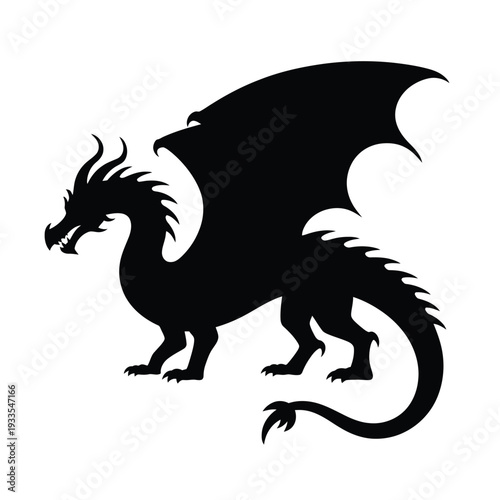 Silhouette of a fearsome black dragon in a dynamic side profile