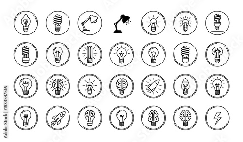 A set of black and white vector icons depicting various light bulb designs and symbols