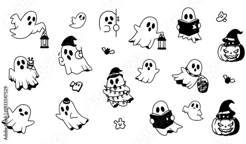 A set of black and white Halloween icons featuring ghosts and pumpkins