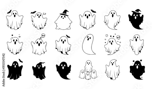 A set of cute ghost illustrations in black and white for Halloween