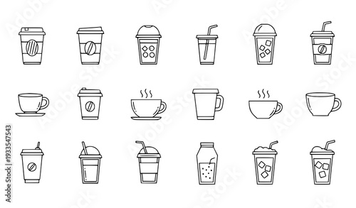 A set of minimalist line art icons depicting various coffee and drink cups