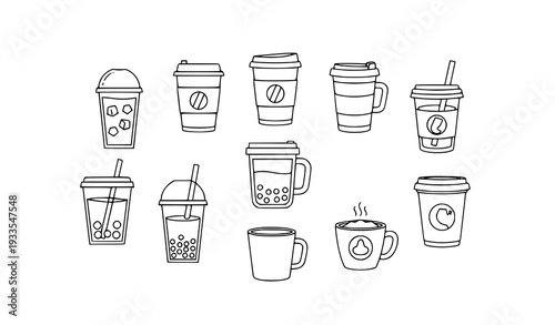 A set of various coffee and tea cups in a minimalist line art style