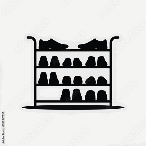 A simple black silhouette of a shoe rack with multiple pairs of shoes