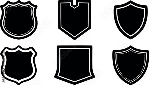 Flat vector shield badge set six black and white heraldic shields front view isolated icons simple outline minimal monochrome