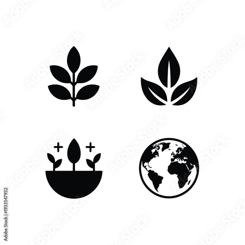 Black silhouettes of leaves sprout and the earth on white