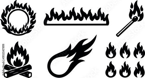 Flat design fire icon set showing campfire match flame ring flame border burning comet shape and multiple flame silhouettes black