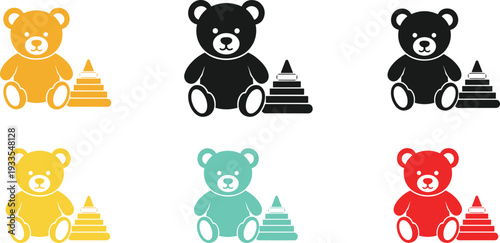 Black silhouette vector set of baby toys including teddy bear stacking rings toy car kite doll and puzzles for nursery and childhood design elements.