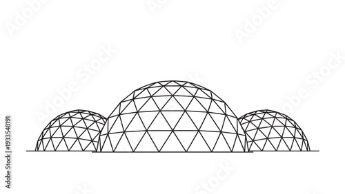 Three interconnected geodesic domes with triangular mesh.