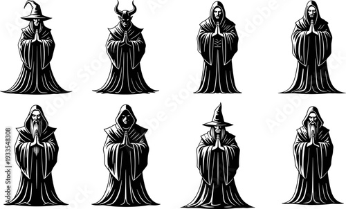 Mystical wizard silhouettes collection, hooded monks, sorcerers and occult fantasy characters in prayer poses, black vector illustration set isolated on white background