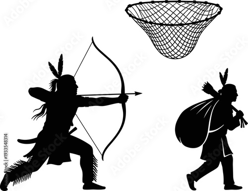 Native American Indian Hunter Silhouette Set, Archery Bowman with Bow and Arrow, Traditional Fishing Net, and Warrior Carrying Supplies Vector.