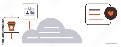 Cloud storage, identity verification, data sharing, online networking, work from home, digital systems. Coffee cup, ID card cloud and digital icons. Cloud storage and identity verification