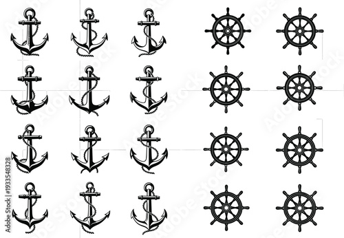 Nautical anchor and ship wheel silhouette vector set, black marine design illustration for sailing, ocean travel, sea navigation, adventure, and maritime concept