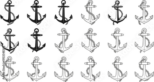 Nautical anchor icons collection, vintage marine symbols with chains, black and white vector illustration set for maritime logo, tattoo, emblem design