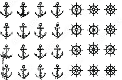 Nautical anchor and ship wheel silhouette vector set, marine black design illustration for ocean, sailing, navigation, sea travel, and maritime themes
