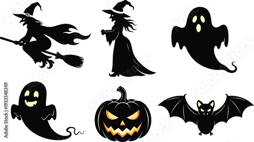 Set of Halloween silhouettes featuring scary witch flying on broom, spooky ghosts, carved jack o lantern pumpkin, and flying bat for holiday design