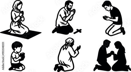 Flat design silhouette set showing diverse people kneeling and praying woman in headscarf man with cross child reading book couple