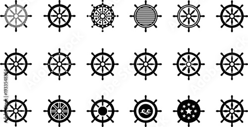 Nautical ship wheel icons set, vintage maritime steering symbols collection, sea navigation equipment graphics, ocean journey elements, isolated vector illustration design icons