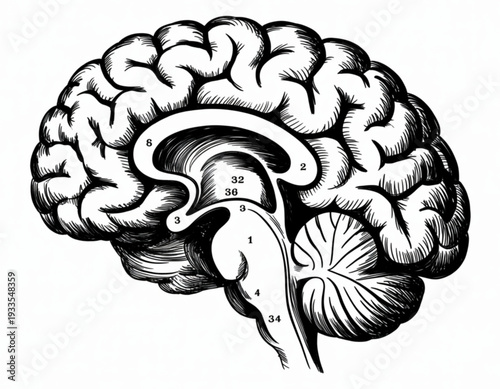 Anatomical illustration of the human brain highlighting its complex structure and lobes