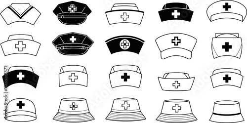 Nurse hat silhouette vector set, medical cap collection with cross symbols, black and white healthcare uniform illustration isolated on white background
