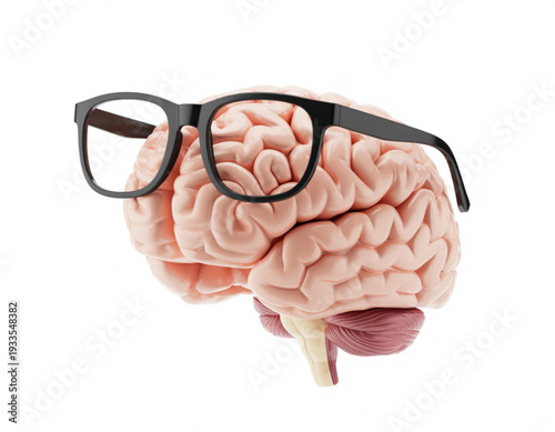 Creative depiction of a human brain inside a head wearing glasses for educational purposes
