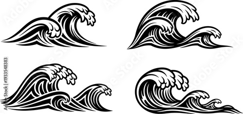Ocean wave illustration set, stylized sea surf vector artwork collection in black and white for coastal design, surfing themes, tattoo art, maritime branding projects