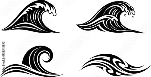Ocean wave silhouette collection, dynamic sea surf symbols, abstract water motion designs, black vector illustration isolated on white background, marine nature art