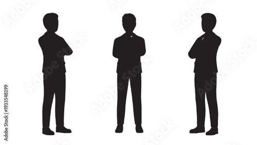 Three silhouettes with crossed arms symbolizing unity or confrontation.
