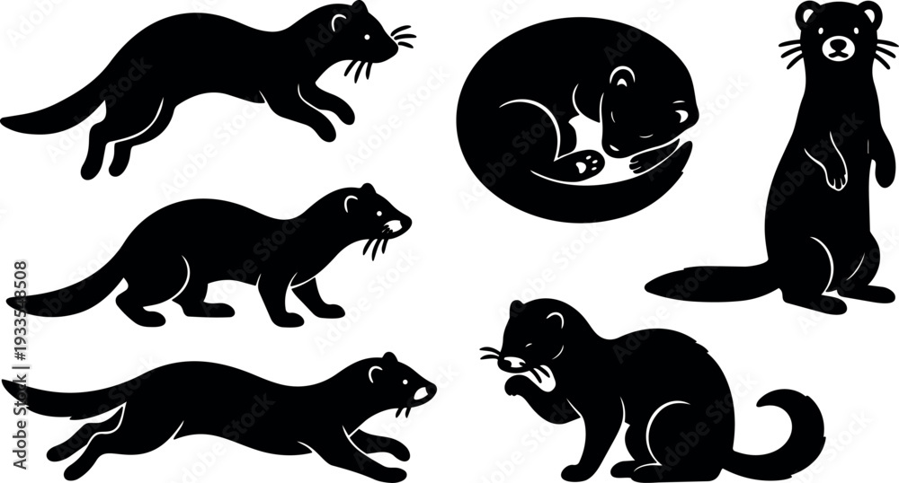 Obraz premium Minimalist silhouette vector set of playful ferret and stoat poses running sleeping standing curled side view close ups isolated icons