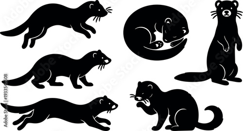 Minimalist silhouette vector set of playful ferret and stoat poses running sleeping standing curled side view close ups isolated icons