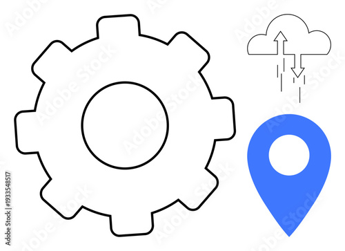 Cloud technology. Gear, upload cloud, and location pin symbols cloud solutions, data synchronization, and location services. Cloud systems, data sharing tools, digital mapping service optimization