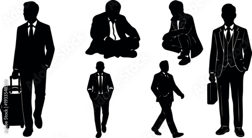 Silhouette vector businessmen in various poses walking sitting carrying briefcase and suitcase formal suits multiple angles isolated black silhouettes