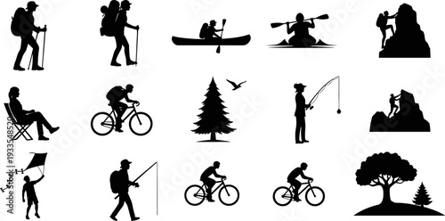 Outdoor adventure activities vector silhouette icons set: hiking, trekking, backpacking, kayaking, canoeing, fishing, cycling, climbing, camping, nature, recreation, and travel.
