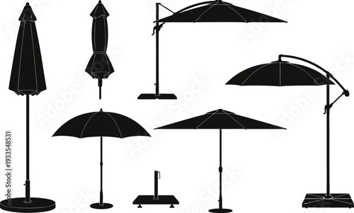 Outdoor patio umbrellas vector illustration set, modern garden parasol silhouettes, summer shade canopy collection, backyard furniture design, sun protection equipment graphic