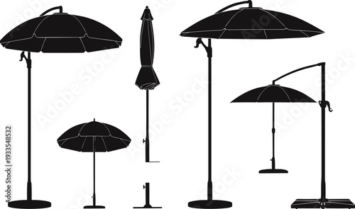 Outdoor patio umbrella vector illustration, garden parasol silhouettes collection, summer sunshade design, modern beach umbrella set, backyard furniture decor elements, black silhouette style