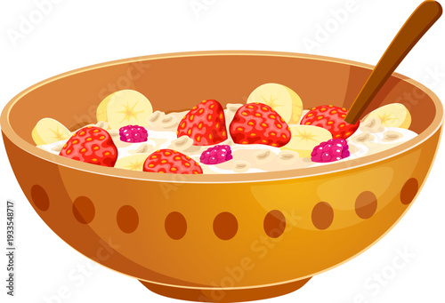Cartoon oatmeal bowl with cereal flakes and milk, topped with strawberry, raspberry and banana slices. Vector isolated breakfast food with creamy porridge texture in ceramic dish with wooden spoon