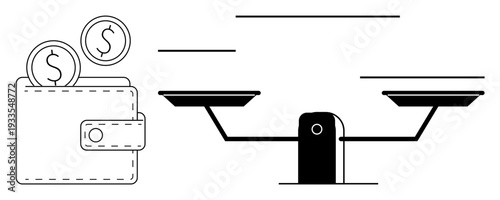 Financial literacy, wealth management, saving money, investment choices, economic equality, legal decisions. Wallet with coins and scales. Financial literacy and wealth management