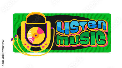 Listen music Y2K groovy sticker or label. Music sound vector label, musical groovy Y2K patch. Festival concert melody sticker or tag with compact disc player and colorful typography