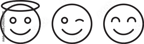 Minimalist Happy Emoji Line Icon Set Featuring Angel Wink and Smiling Facial Expressions