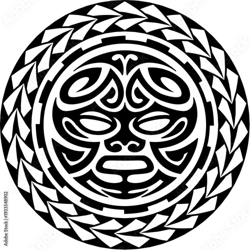 Maori sun face medallion tribal black tattoo or symbol. Samoan tribal abstract decoration, New Zealand warrior graphic print. Maori tribe black tattoo warrior folk print