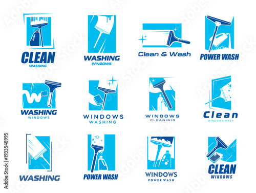 Window cleaning and washing service icons. Vector clean windows of house and office buildings, glass cleaner bottles, squeegees and sponges blue symbols. House cleaning and window washing icons set