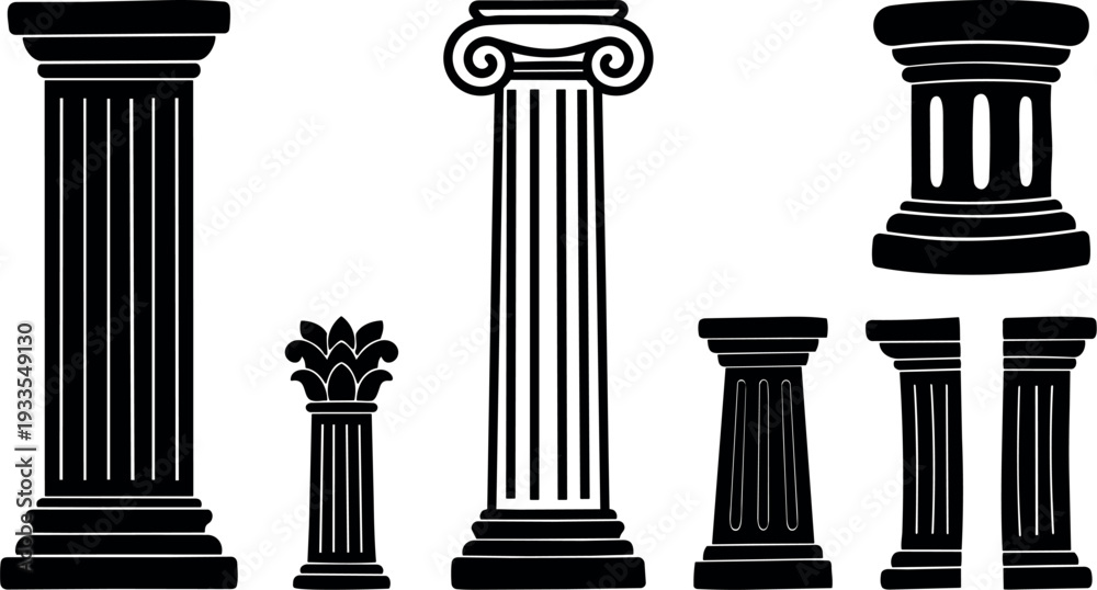 Naklejka premium Flat design classical columns set with ionic corinthian doric capitals multiple angles isolated vector silhouettes in black frontal side elevation
