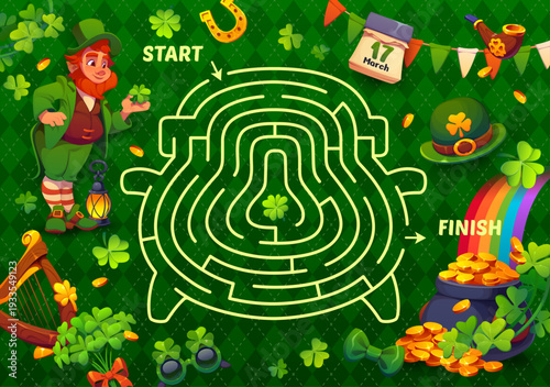 St Patrick day labyrinth maze game with cartoon leprechaun character, pot of gold, rainbow, clover, hat, harp, golden coins, glasses. Vector holiday puzzle with shamrock and path from start to finish