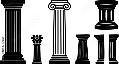 Flat design classical columns set with ionic corinthian doric capitals multiple angles isolated vector silhouettes in black frontal side elevation