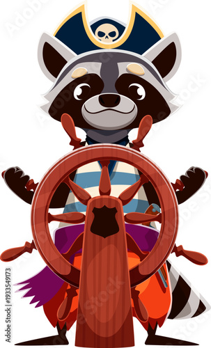 Cartoon animal raccoon corsair and pirate crew character with furry tail. Cute sailor in captain costume, in hat with skull steer the ships wheel. Awesome funny raccoon with cheerful emotion on face