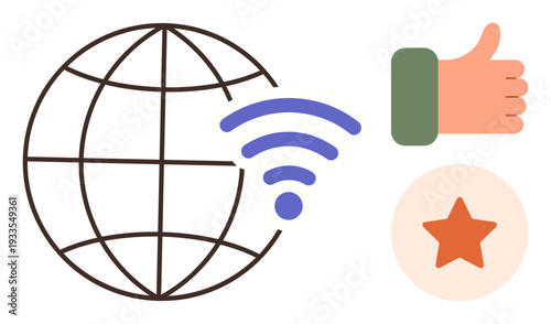 Digital communication, global networks, online connectivity, quality feedback, internet ratings, user experience. ion of a globe, wireless icon thumbs up and star. Global networks and online